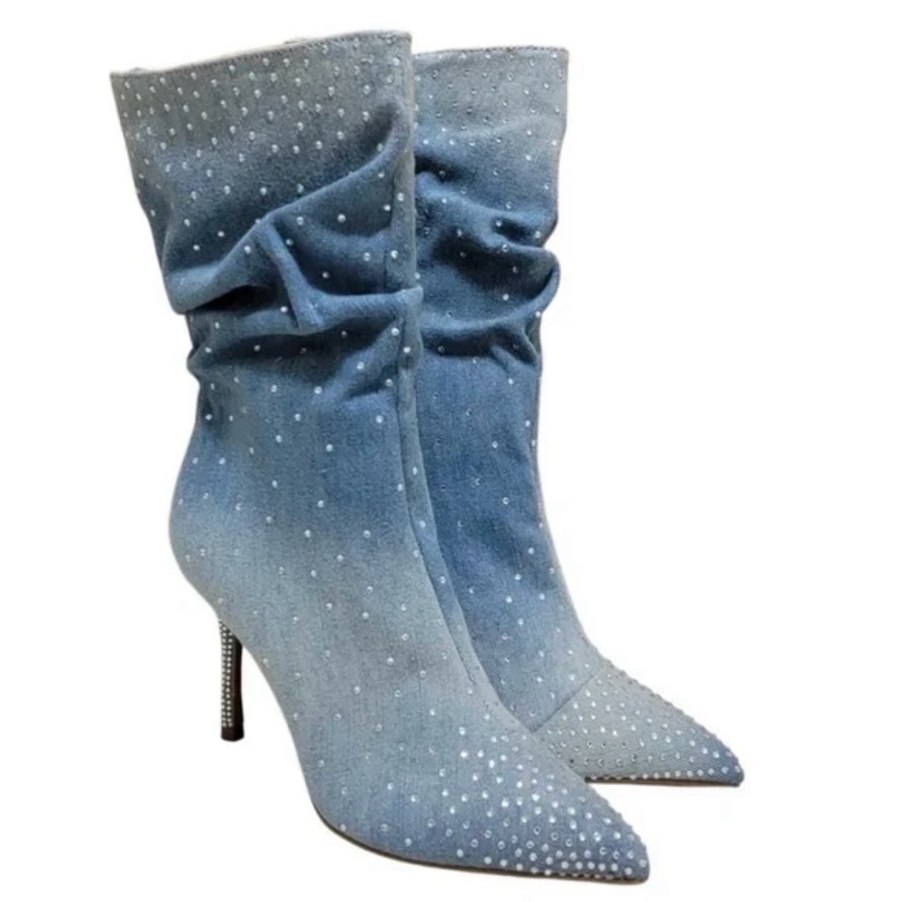 Thalia Sodi Ombré Denim Rhinestone Heeled Boots
